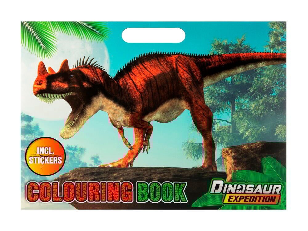 Färgglad målarbok med dinosauriemotiv och klistermärken.
