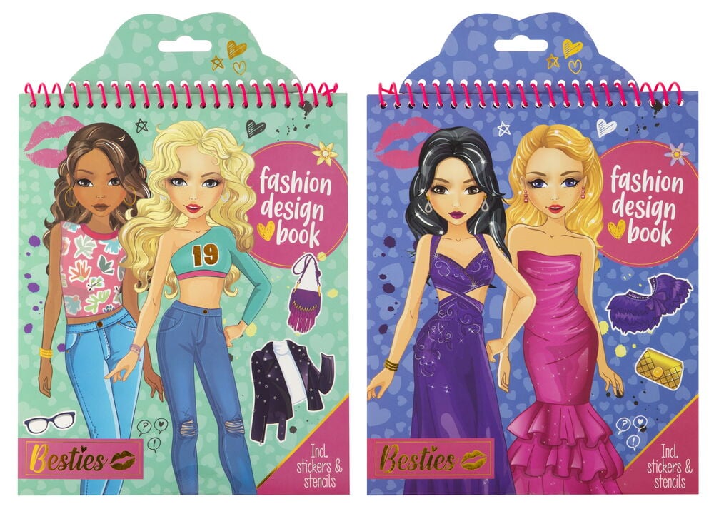 Två klistermärkesböcker med modefigurer och färgglada omslag.