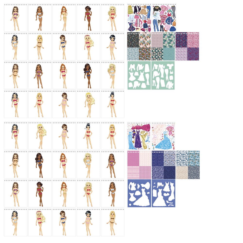 Klistermärkesbok med dockor, klistermärken och mönsterark.