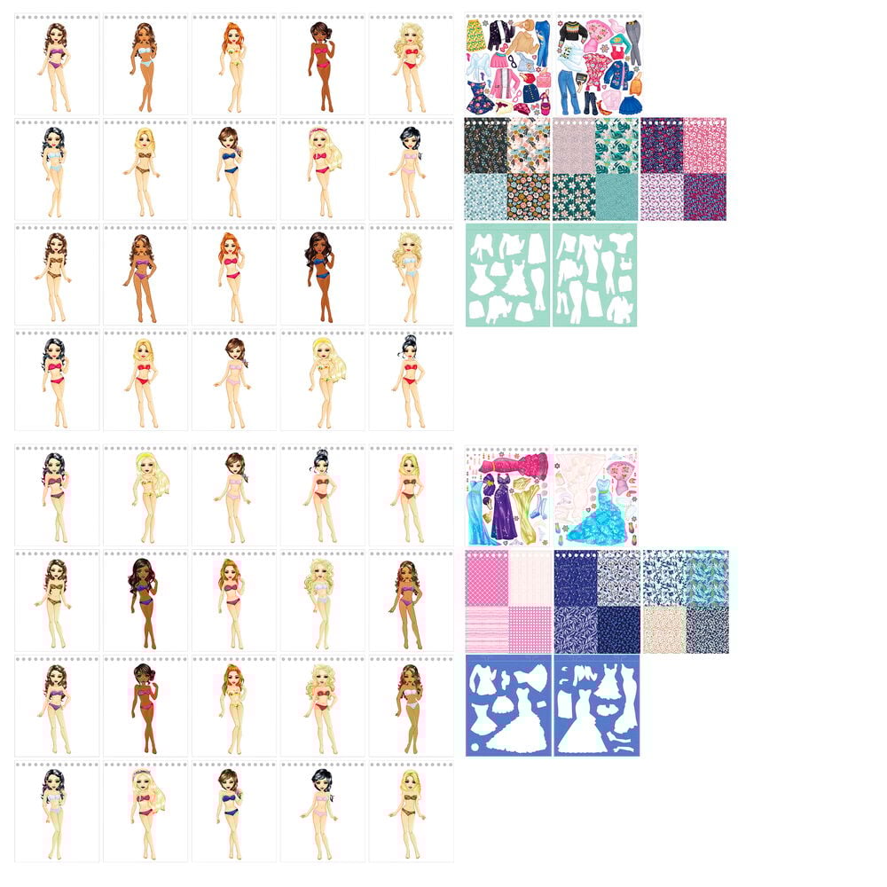 Klistermärkesbok med figurer, klistermärken och mönstrade mallar.