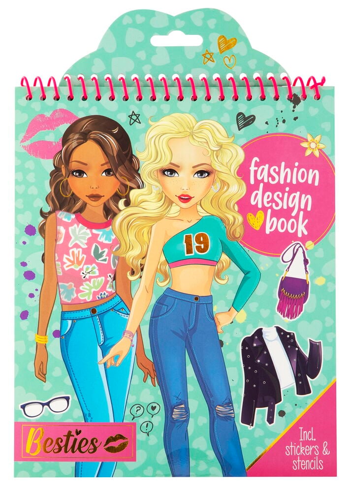 Klistermärkesbok med två modeller och modeillustrationer.