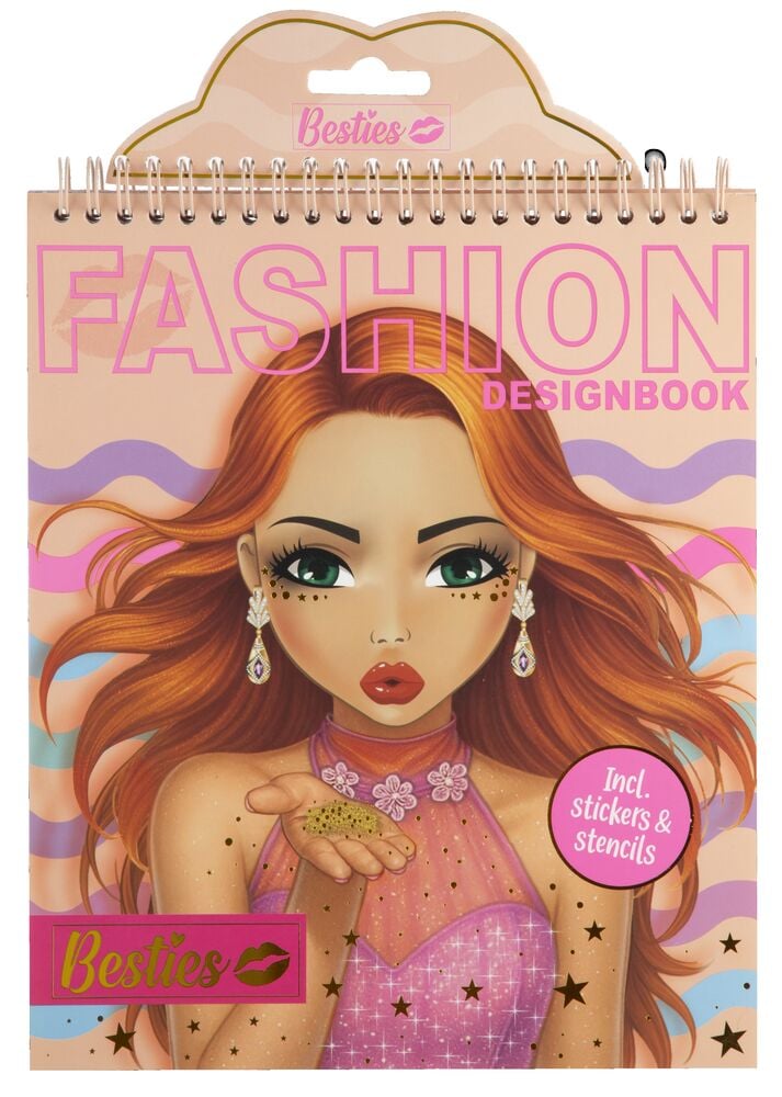 En spiralbundet Besties motedesignbok med en tegneseriejente på omslaget, inkludert klistremerker og sjablonger.