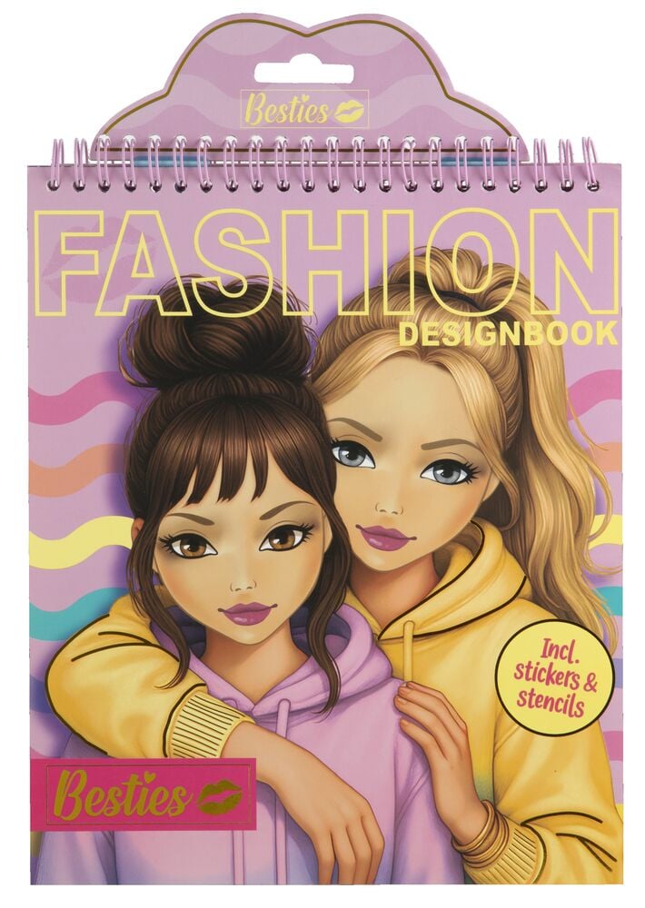 En spiralbundet Besties klistremerkebok for motedesign, med to tegneseriejenter på omslaget, inkludert klistremerker og sjablonger.