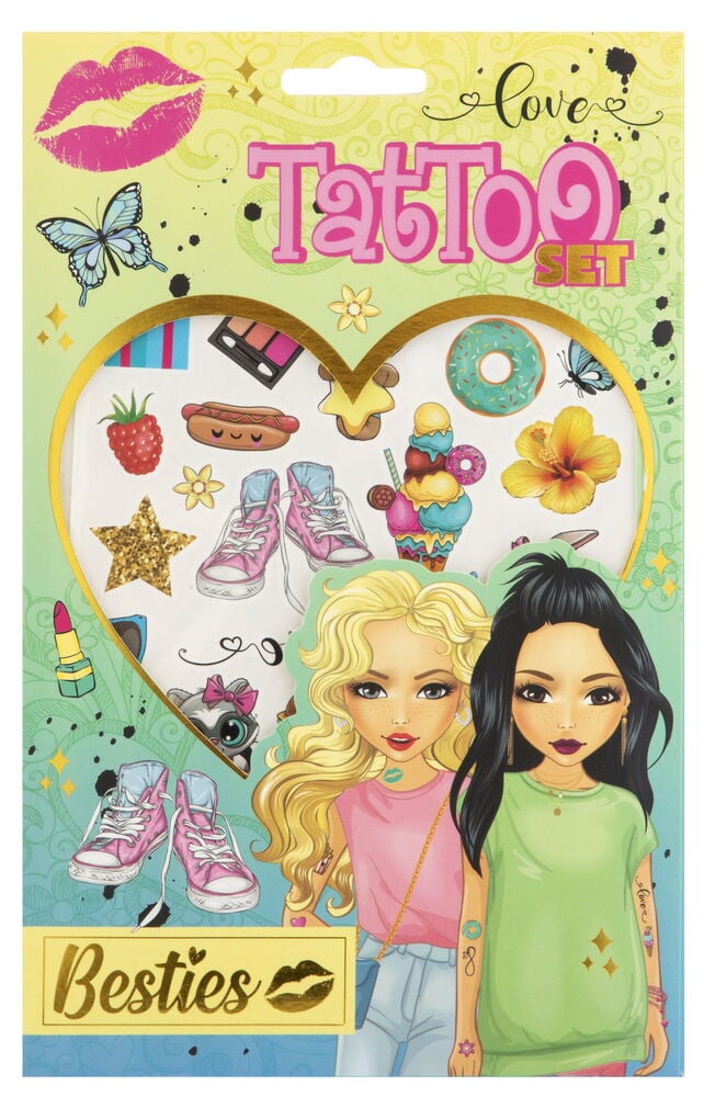 Tätowierungsset mit Kindermotiven und bunten Bildern.