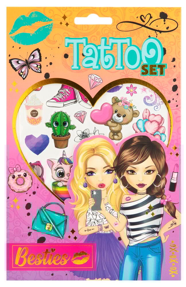 Farbige Tätowierungssatz mit zwei gezeichneten Mädchen.