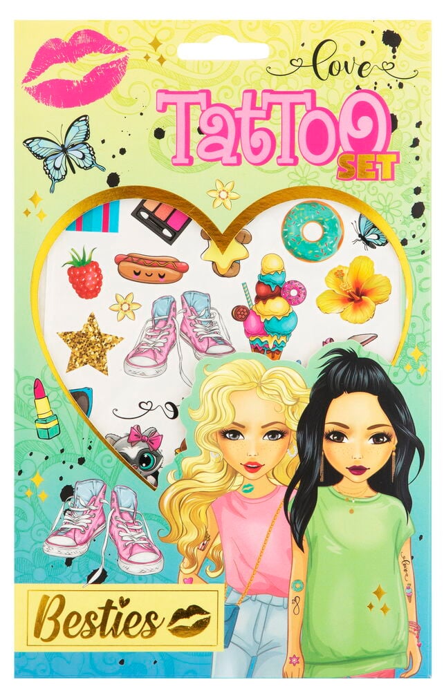 Zwei gezeichnete Mädchen und bunte temporäre Tattoos.