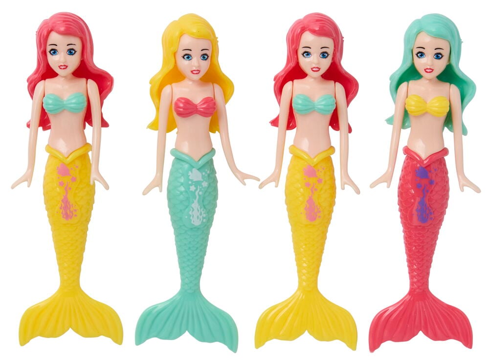 Vier bunte Meerjungfrauen-Spielzeuge für Wasserspiele.