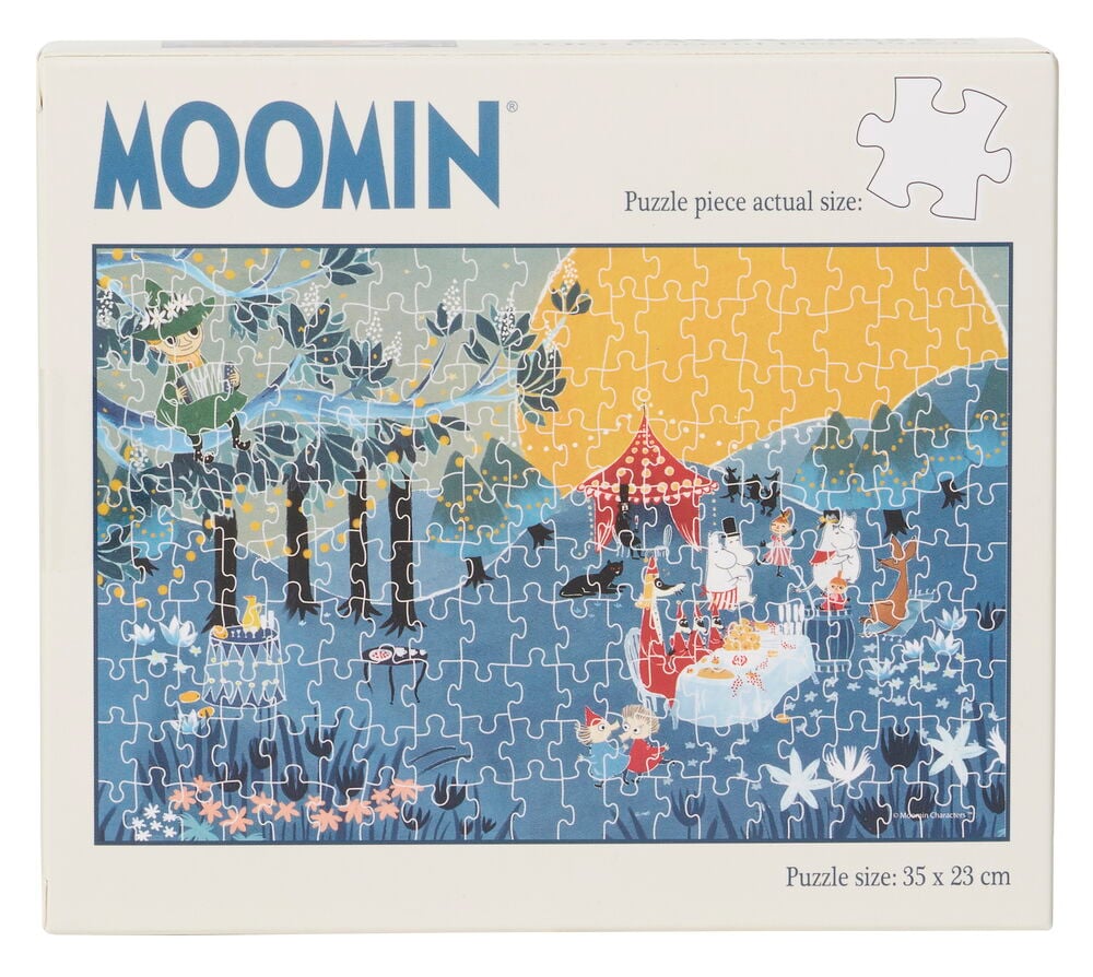 Puzzle Moomin Art 200 Teile, eine weiße Schachtel mit einer Mumin-Party-Illustration.