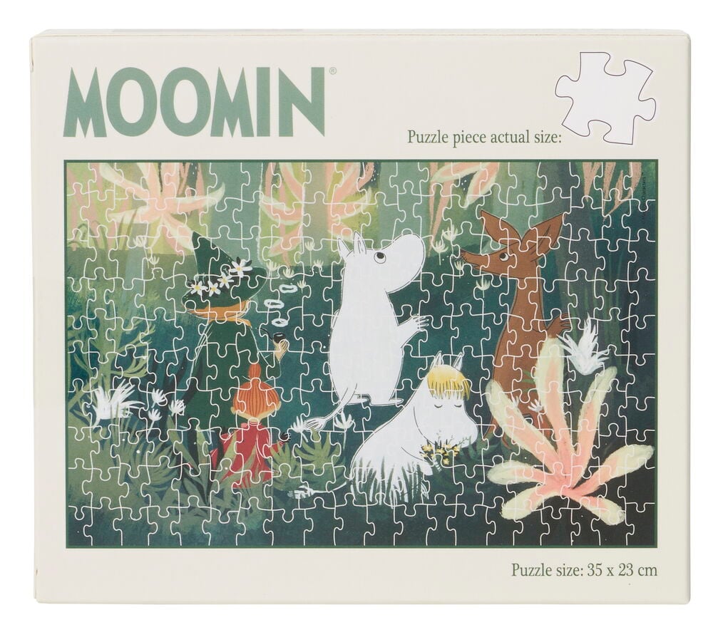 Puzzle Moomin Art 200 Teile Box mit Moomin-Figuren in einer Waldszene und den Puzzle-Details.