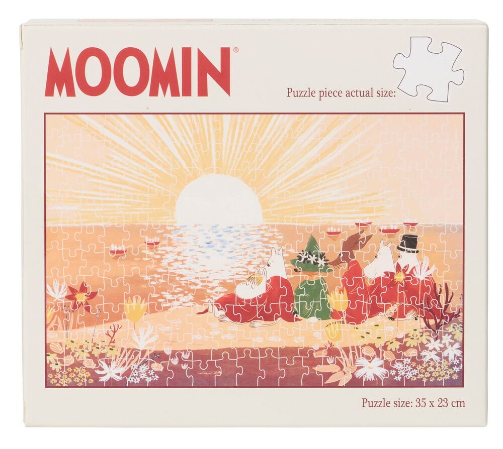 Puzzle Moomin Art 200 Teile, zeigt Mumin-Charaktere am Strand bei Sonnenuntergang.