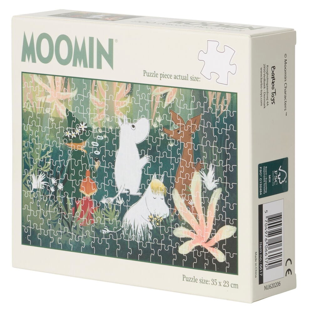 Puzzle Moomin Art 200 Teile in Box, mit Mumin-Charakteren in Wald-Illustration und grafischer Puzzleteilgröße.