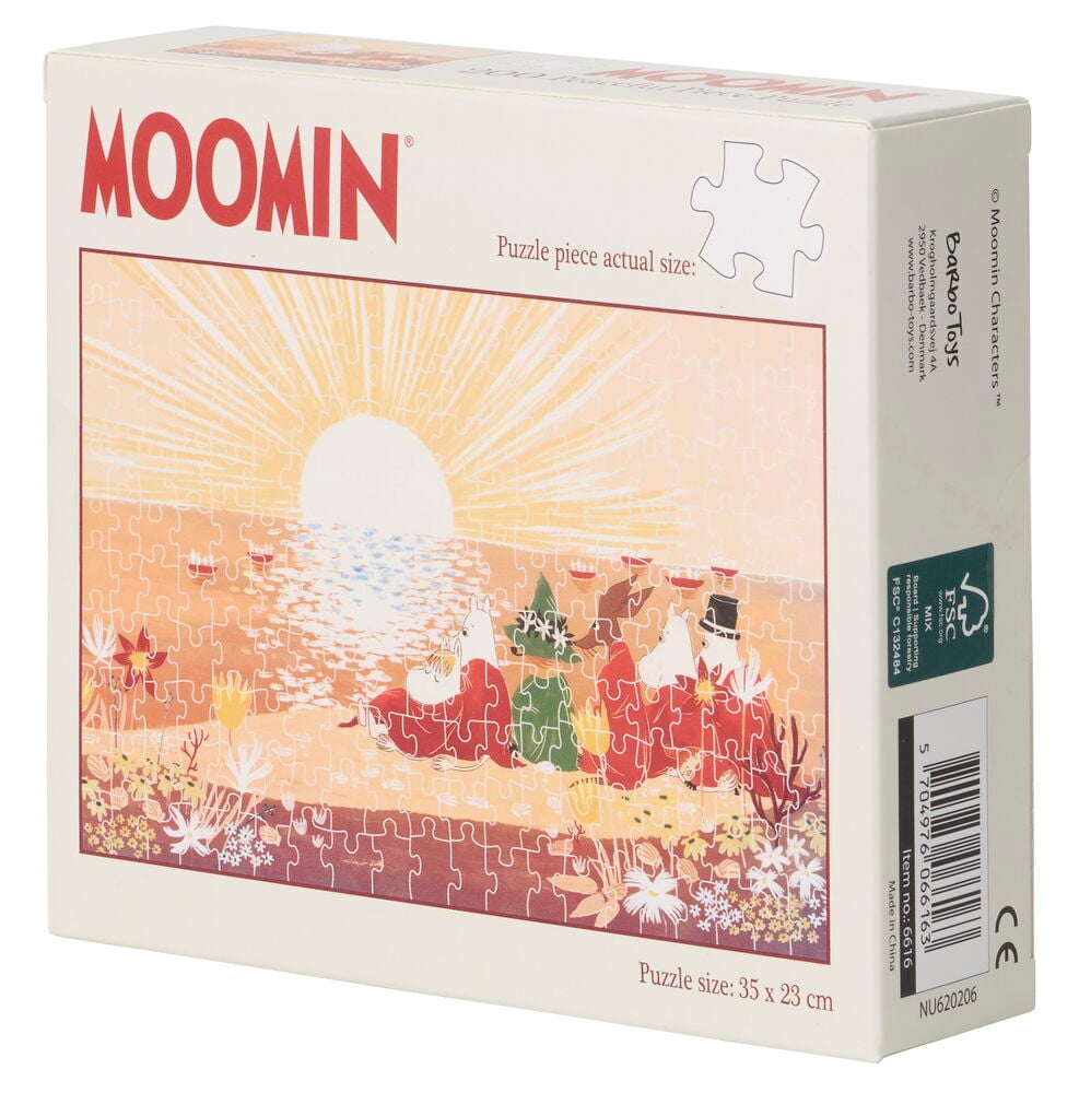 Puzzle Moomin Art 200 Teile, in weißer rechteckiger Box mit Muminfiguren bei Sonnenuntergang.