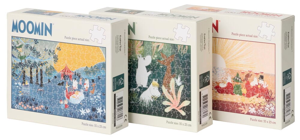 Drei Puzzle Moomin Art 200 Teile Kartons, jeder mit einer einzigartigen Moomin-Illustration auf der Vorderseite.