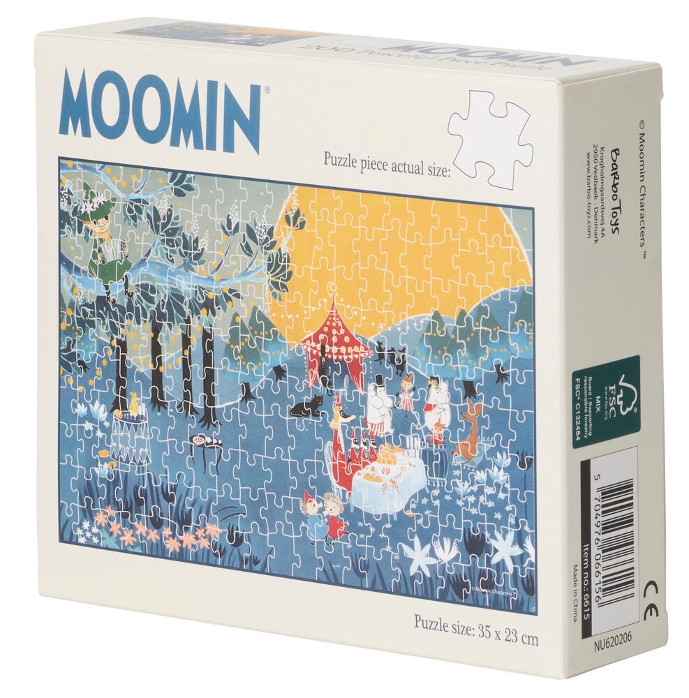 Eine weiße Box für Puzzle Moomin Art 200 Teile, zeigt Charaktere in einer blau-gelben Landschaft.