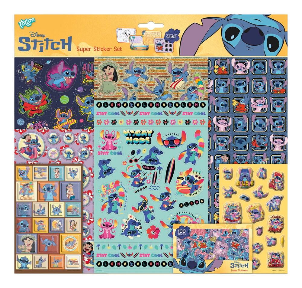 Klistremerkesett Totum 300 deler: Disney Stitch superklistremerkesett med ulike karakterdesign, inkludert en 100-biters laserpakke.