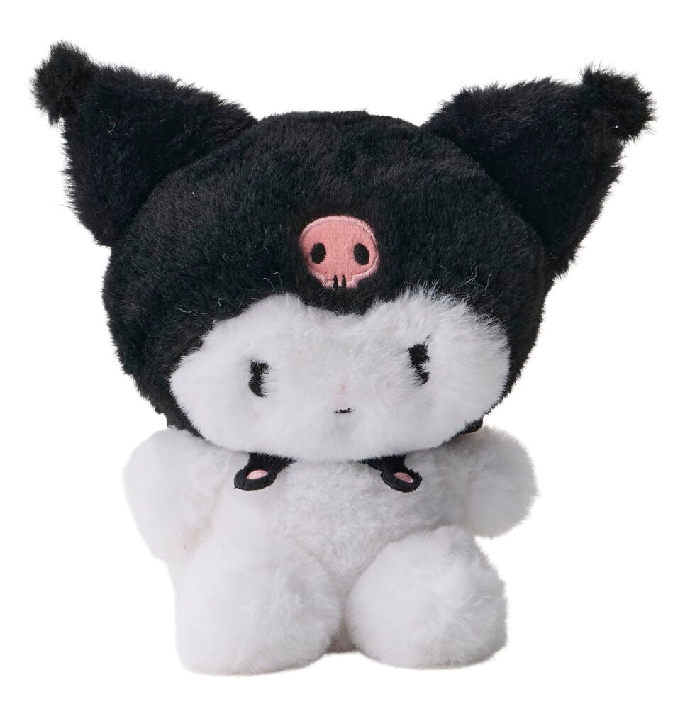 Pehmolelu Hello Kitty 16,5 cm, mustavalkoinen, jossa vaaleanpunainen pääkallomerkki.