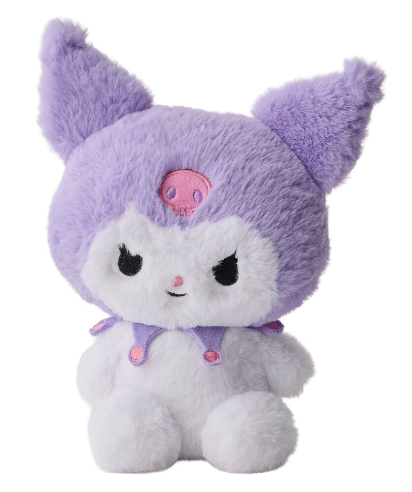 Pehmolelu Hello Kitty 16,5 cm, lila-valkoinen pehmo, jossa on vaaleanpunainen kalloembleemi.