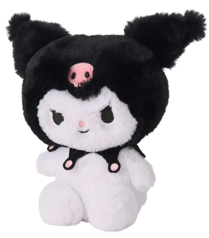 Vorderansicht eines schwarz-weißen Kuromi Kuscheltiers mit einem rosa Totenkopfemblem auf dem Kopf.