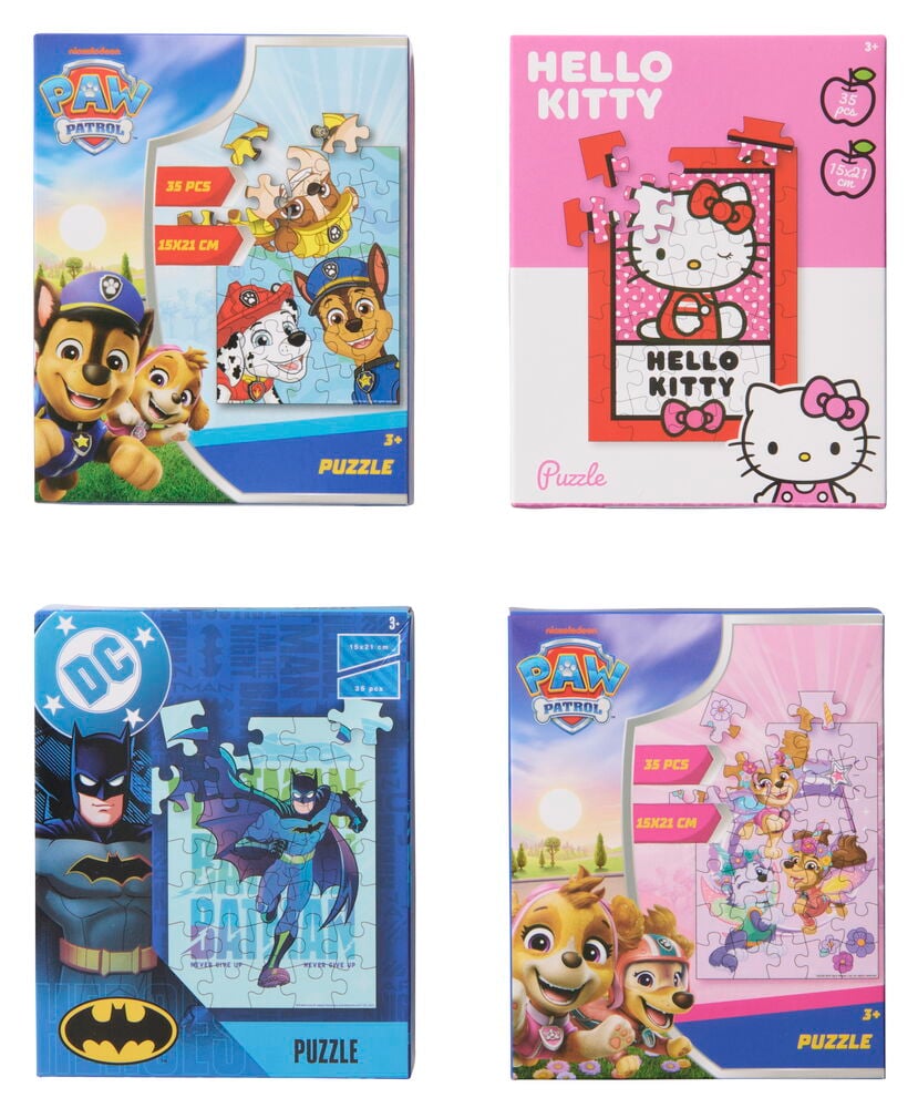 Vier verschiedene Puzzle Toy Universe 35 Teile: Paw Patrol, Hello Kitty, Batman und Paw Patrol Mädchen.