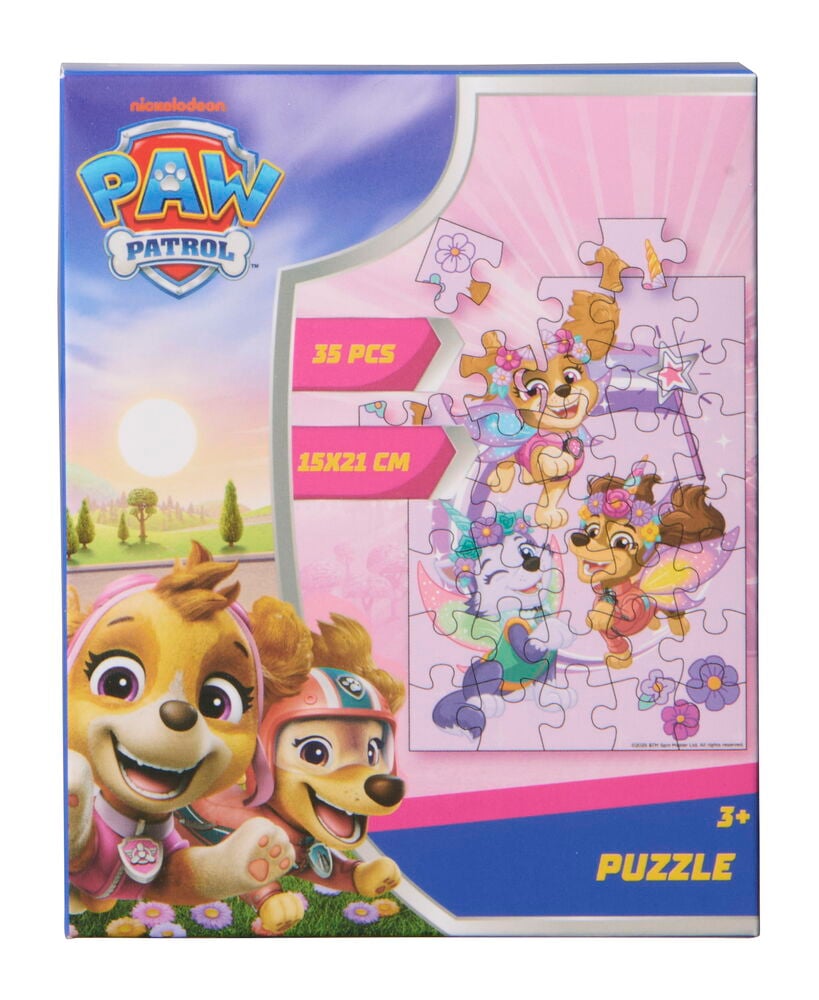Puzzle Toy Universe 35 Teile, eine rechteckige pinke und blaue Schachtel mit Paw Patrol-Charakteren.
