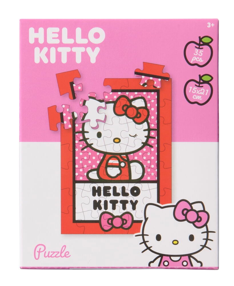 Puzzle Toy Universe 35 Teile, mit Hello Kitty-Motiv auf rosa-weißer Verpackung.