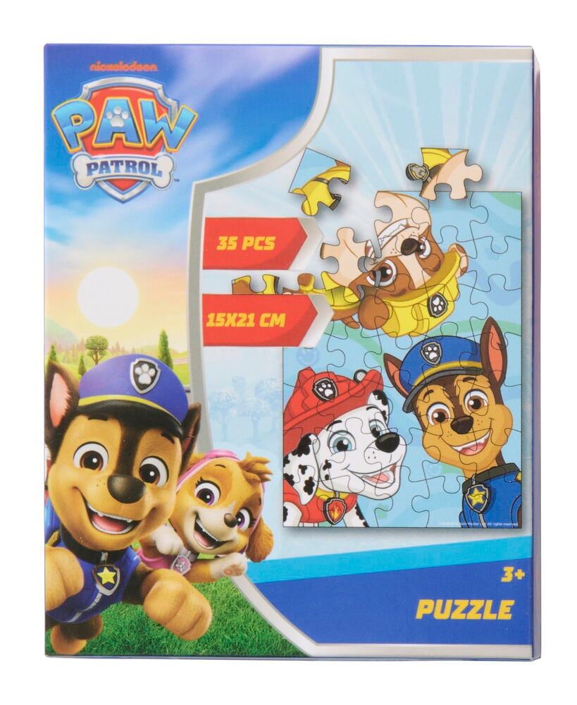 Puzzle Toy Universe 35 Teile, mit Paw Patrol-Charakteren Chase, Skye, Rubble und Marshall.