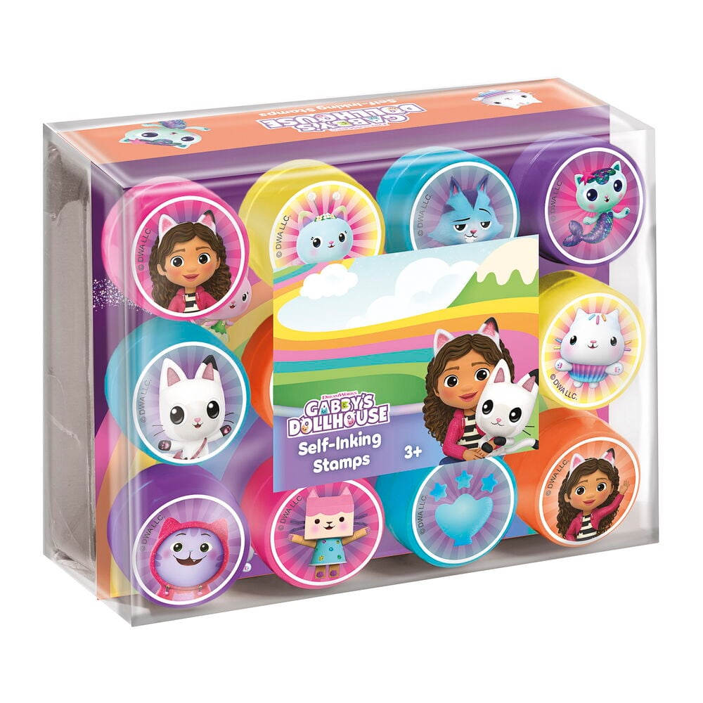Stempelsett Totum 12-pk Gabby´s Dollhouse: Klar eske som viser 12 fargerike selvblekkende stempler med karakterdesign.