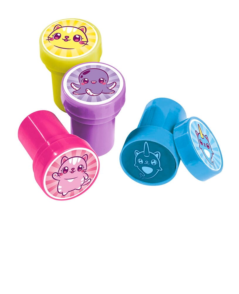 Lasten leima Totum 12-pack MINI MYMY: Viisi värikästä muovileimasinta, joissa sarjakuva kissa-, mustekala-, sarvivalas- ja yksisarvismotiivit.