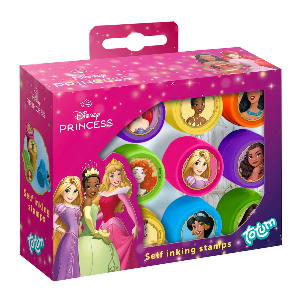En rosa Disney Prinsessa barnstämplar 12-pack, visar tolv färgglada runda stämplar med prinsessor.
