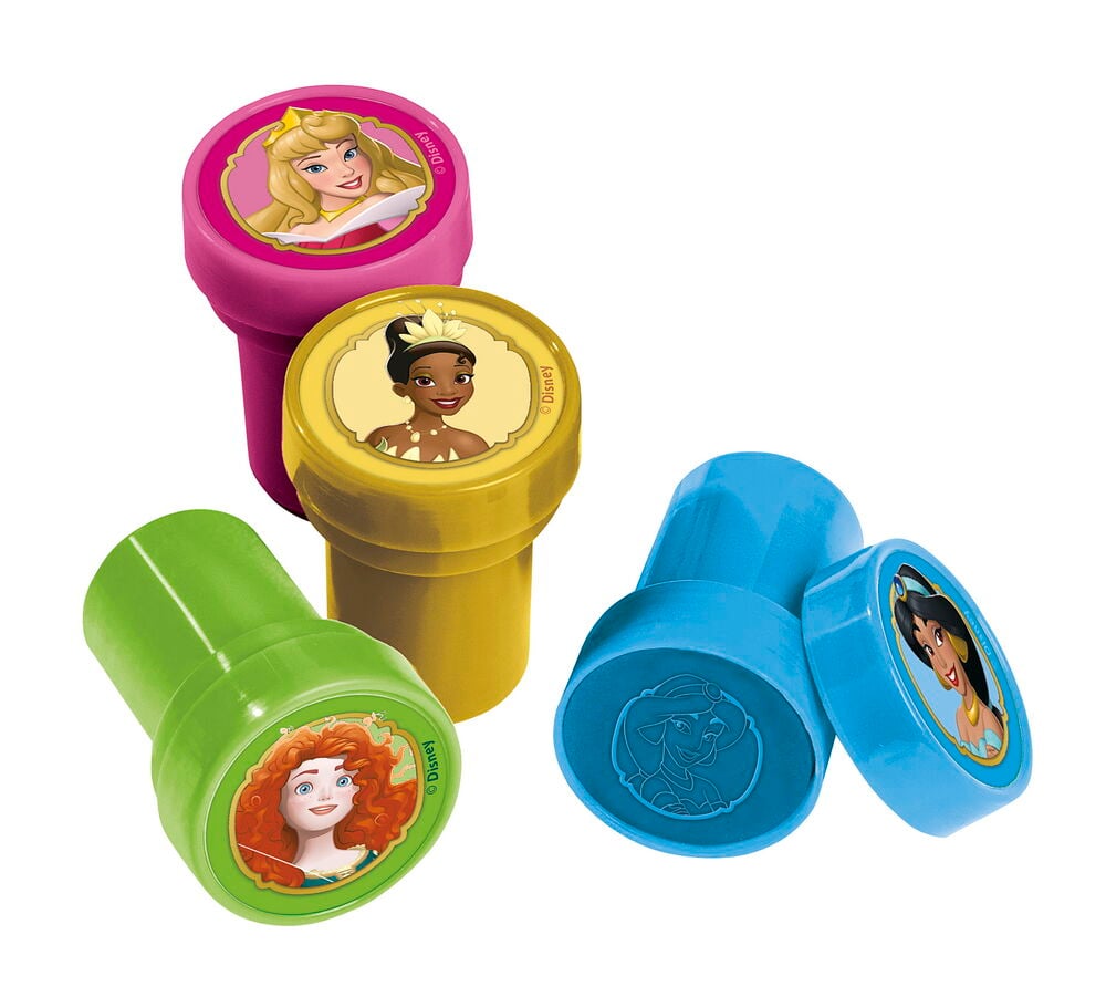 Lasten leima Totum 12-pack Prinsessa: pinkki Aurora, keltainen Tiana, vihreä Merida ja kaksi sinistä Jasmine-leimaa.