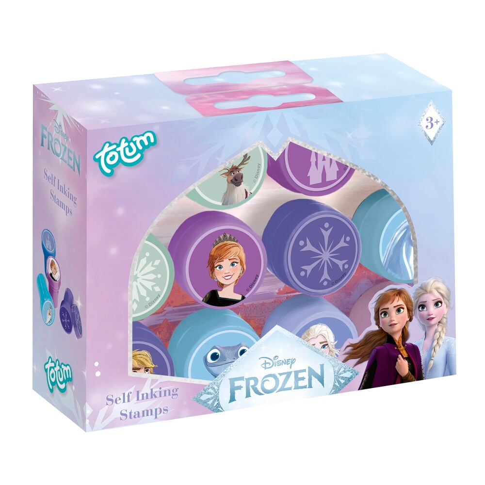 Barnstämplar Totum 12-pack Frozen, en vit och lila låda som visar färgglada självbläckande stämplar med Frozen-karaktärer.