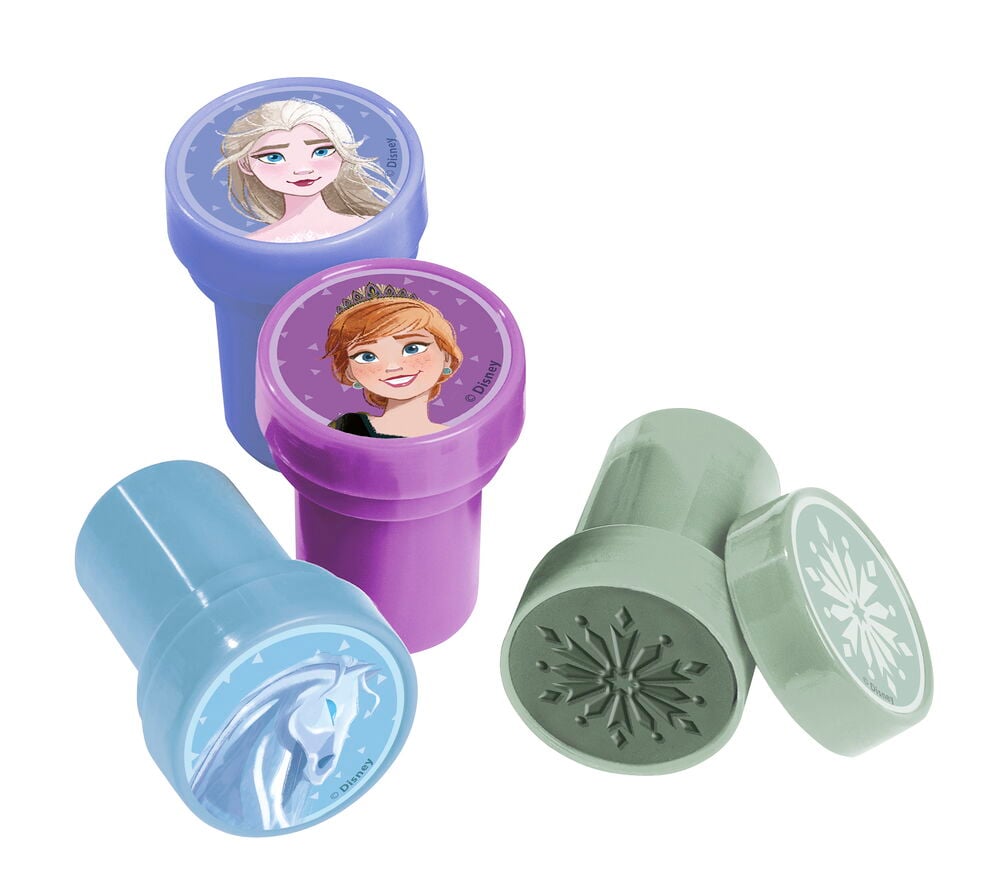 Neljä Lasten leima Totum Frozen: violetti Elsa, violetti Anna, sininen Nokk ja vihreä lumihiutaleleimasin.