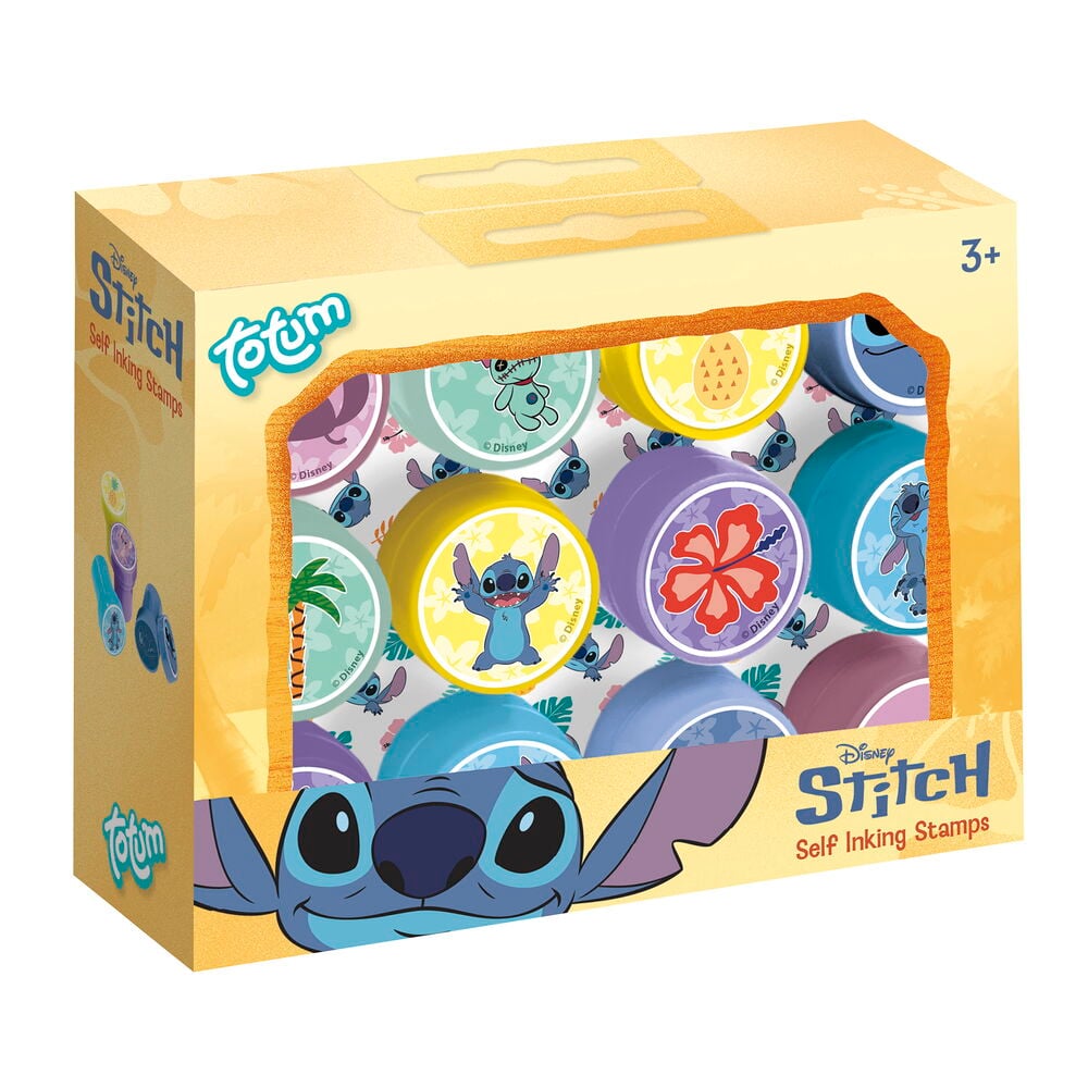 Framsida av en gul Barnstämplar Totum 12-pack Stitch-låda med olika färgglada självbläckande Stitch-stämplar.