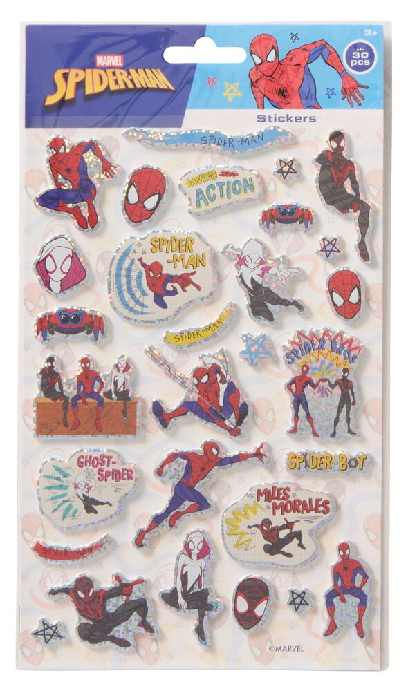 Et ark med assorterte Marvel Spider-Man 3D-klistremerker med ulike figurer, masker og tekst, med glitterkonturer.