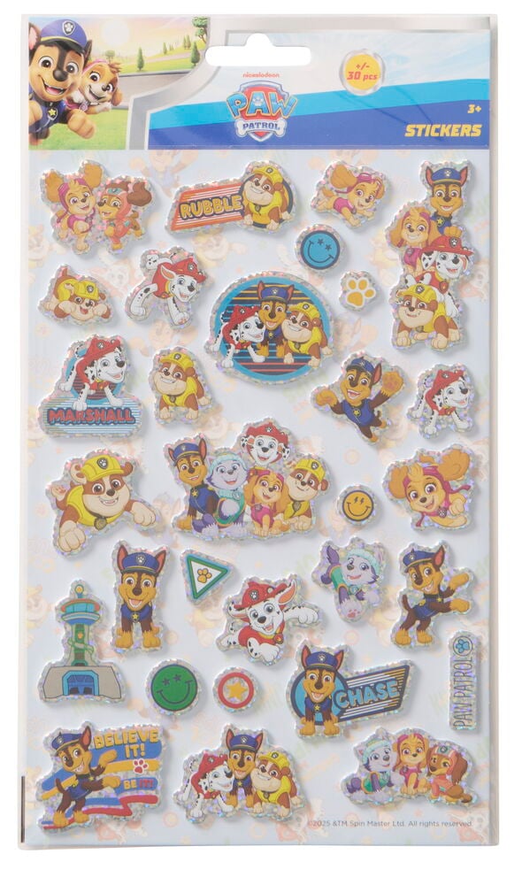 Et ark med diverse 3D-klistremerker fra Disney/Nickelodeon, med ulike Paw Patrol-karakterer.