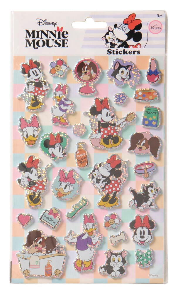 Et ark 3D-klistremerker Disney/Nickelodeon Flere sorter, med Minnie Mus, Dolly Duck og kjæledyr med glitrende omriss.