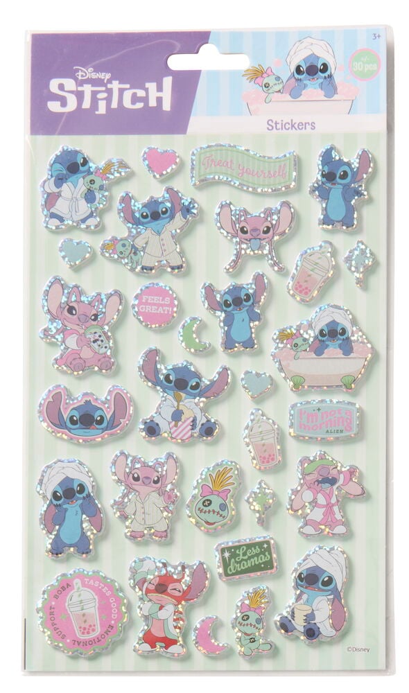 3D-klistremerker Disney/Nickelodeon Flere sorter med holografiske Stitch og Angel i spa-tema-positurer.