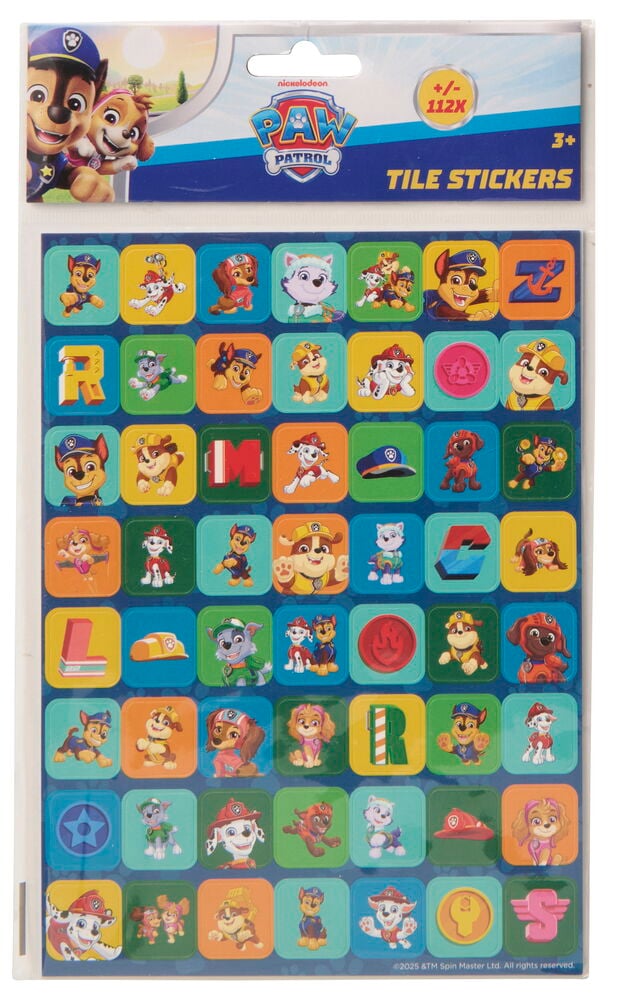 Paw Patrol Tile Stickers-pakke med to ark assorterte firkantede figur- og symbolklistremerker, forfra.