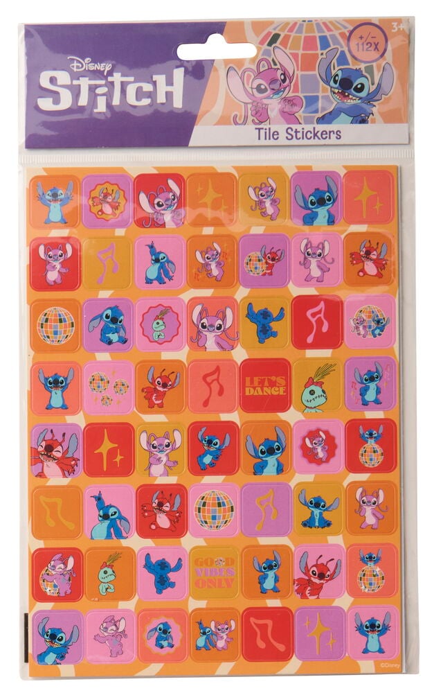 En pakke med Disney Stitch-klistremerker, to ark med assorterte firkantede karakterklistremerker.
