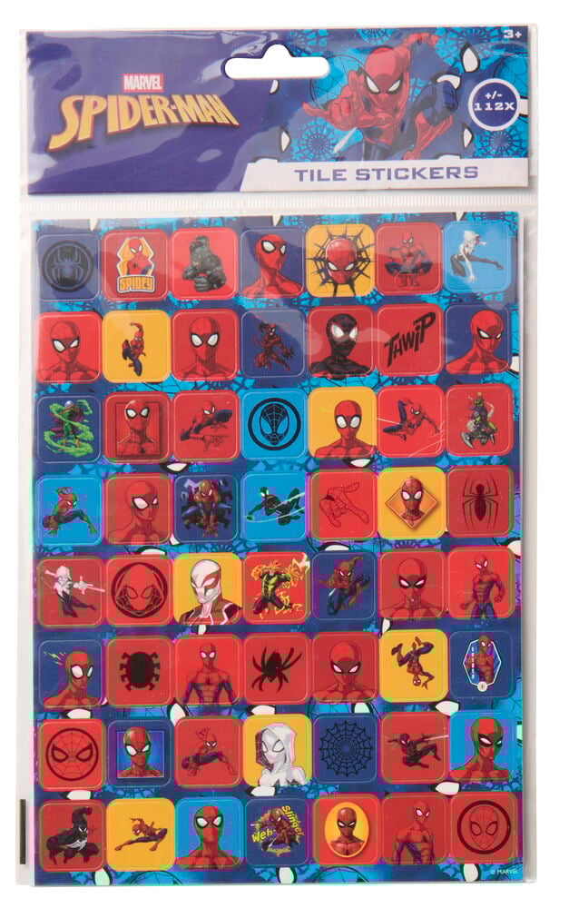 Klistremerker, to ark med assorterte Marvel Spider-Man karakterer og edderkopplogoer.