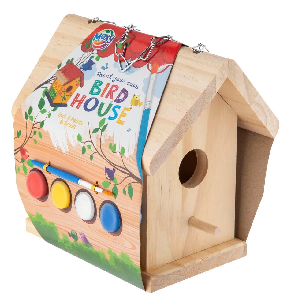 Ein DIY Vogelhaus Moxy-Bausatz aus Naturholz mit 4 Farben (rot, gelb, weiß, blau) und Pinsel.