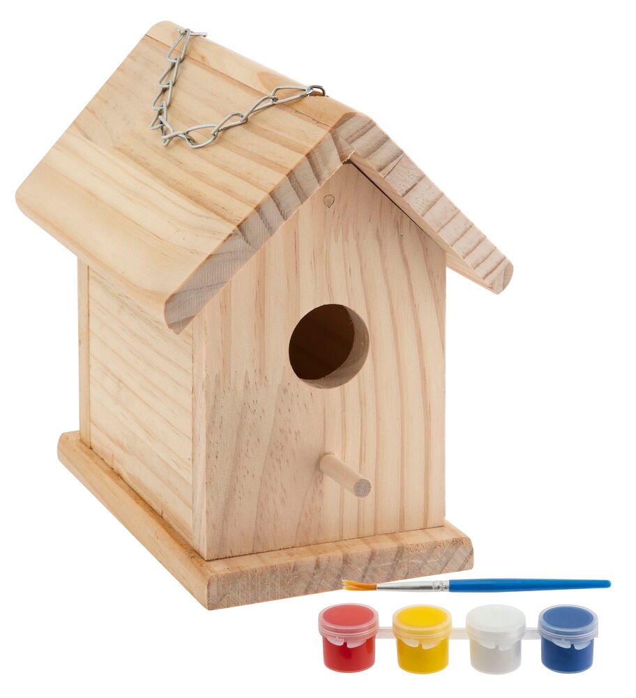 DIY Vogelhaus Moxy 17x12,5x18 cm aus Naturholz mit Kette, rundem Eingang, Sitzstange, Farbtöpfchen und Pinsel.