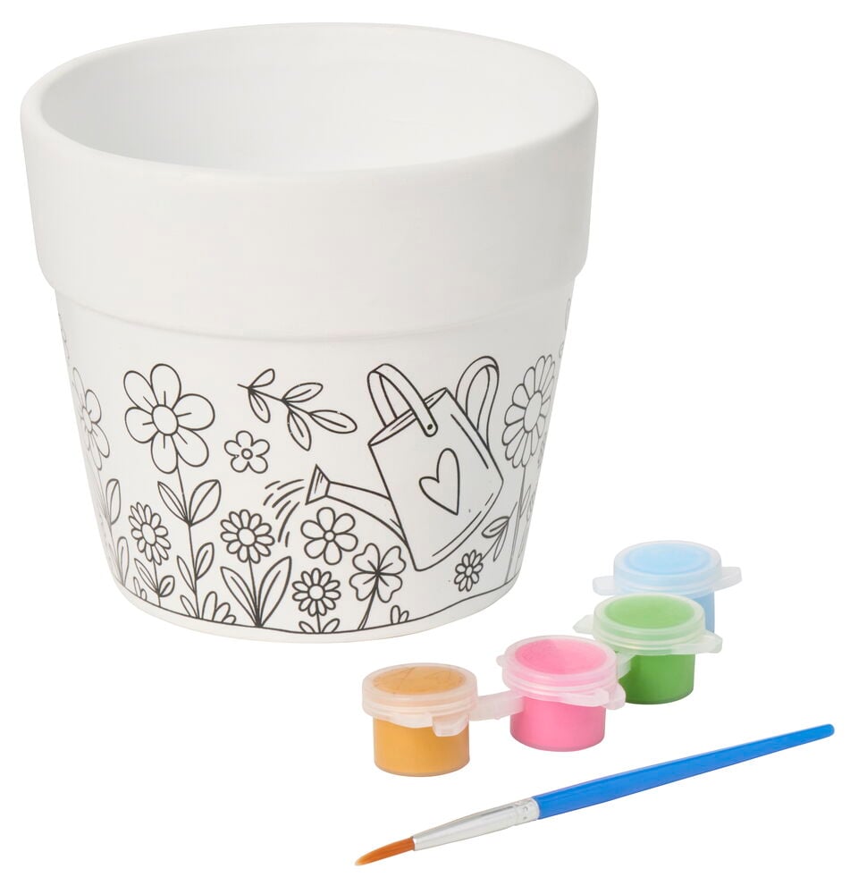 Ein weißer DIY Blumentopf Moxy Ø11,5 cm mit Gartenmuster zum Ausmalen, vier kleine Farben und ein Pinsel.