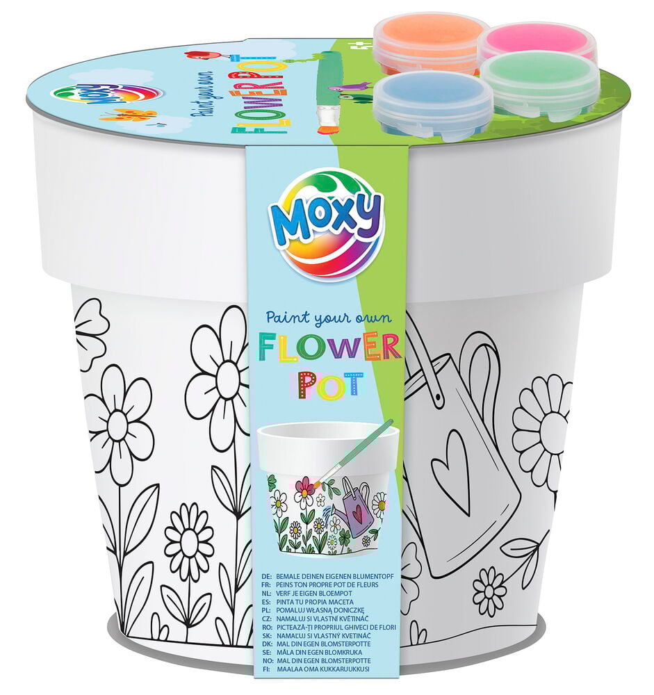 Zwei gestapelte weiße DIY Blumentopf Moxy Ø11,5 cm mit schwarzer Linienkunst zum Bemalen, enthält vier kleine Farbtöpfchen.