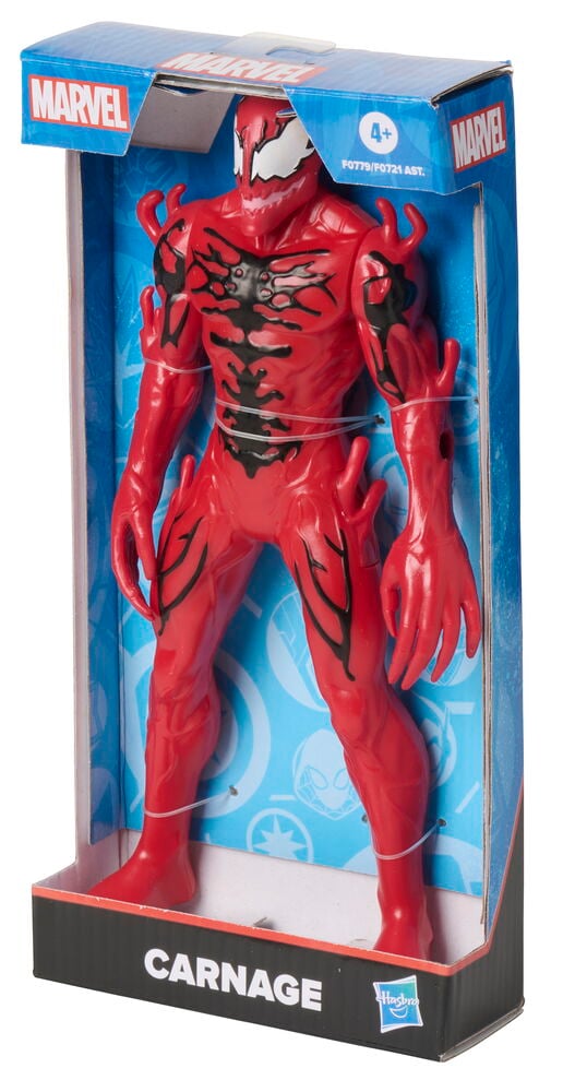 Punainen Carnage Marvel 24 cm toimintahahmo mustilla kuvioilla ja valkoisilla silmillä, tuotepakkauksessa.