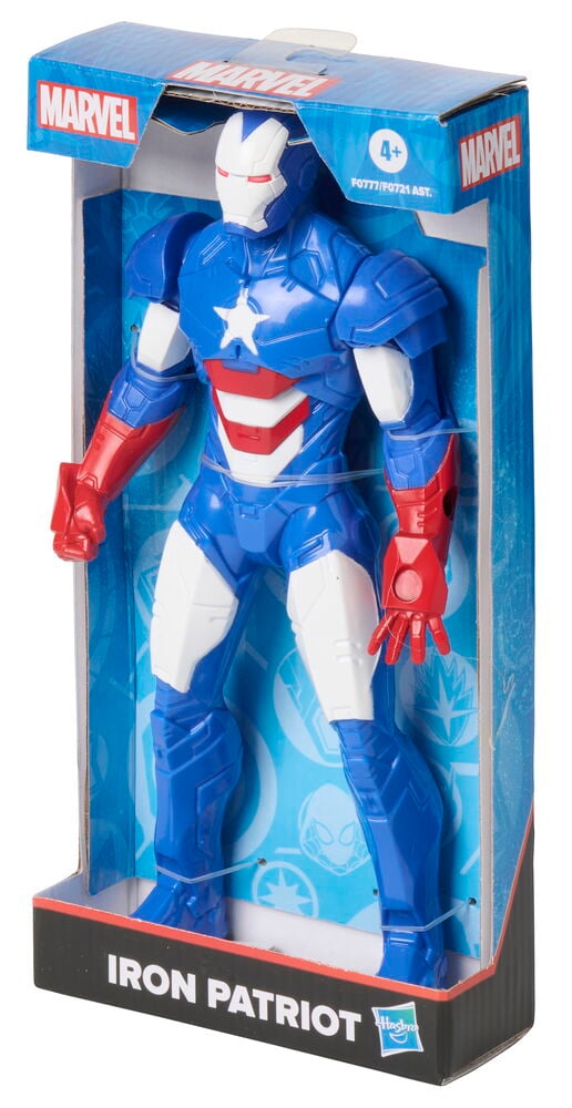 Action-figuuri Marvel 24 cm Valikoima Iron Patriot sinisenä, punaisena ja valkoisena, pakattuna myyntilaatikkoon.
