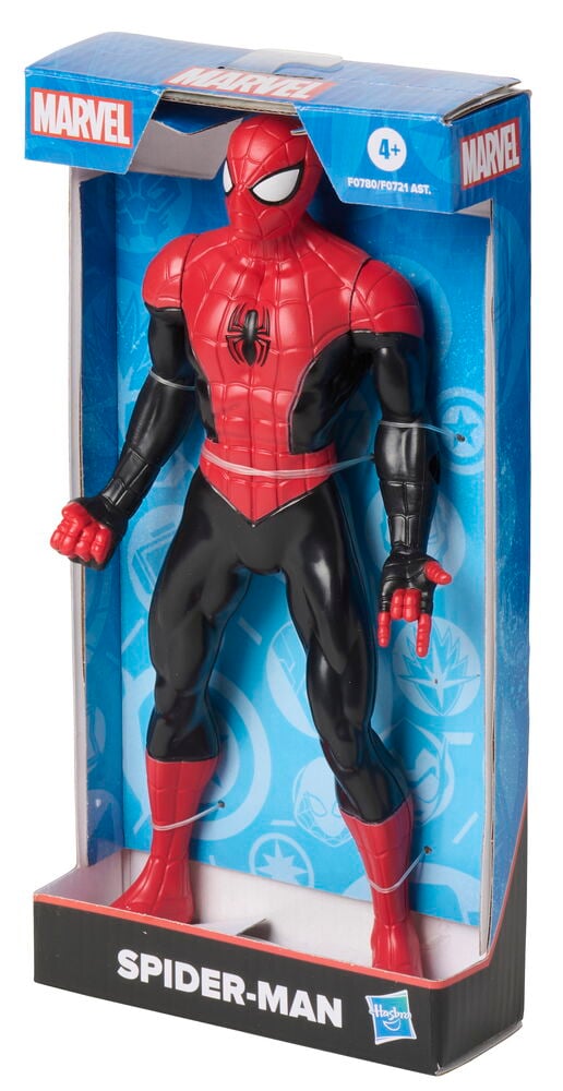 Action-figuuri Marvel 24 cm Valikoima: punamusta Hämähäkkimies-asufiguuri valkoisilla silmillä, pakattuna.