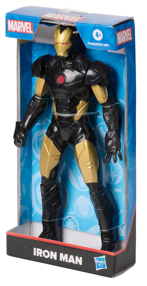 Action-figuuri Marvel 24 cm Valikoima, musta ja kultainen Iron Man, esillä kirkkaassa ikkunalaatikossa.
