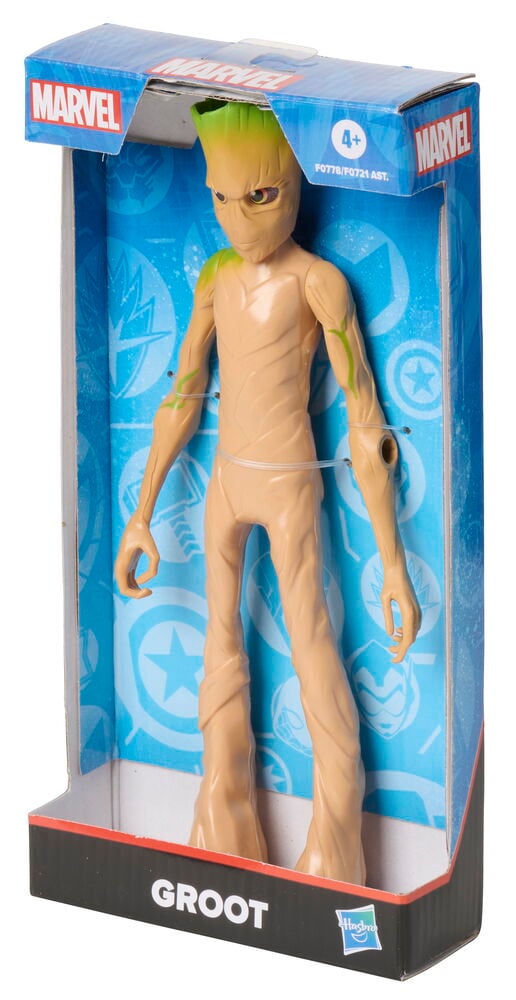 Action-figuuri Marvel 24 cm Valikoima: Ruskea Groot-hahmo vihreillä yksityiskohdilla avoimessa pakkauksessa.
