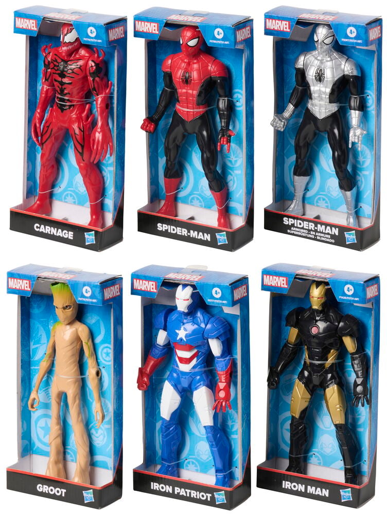 Action-figuuri Marvel 24 cm valikoima: Carnage, kaksi Spider-Man, Groot, Iron Patriot, Iron Man laatikoissa.